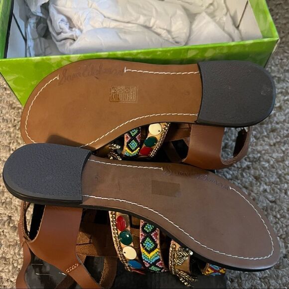 SAM EDELMAN Lanai Embellished Strappy Flat Sandals In Saddle - Picture 10 of 14